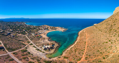 Aerial image of famous Stavros Zorbas beach, Crete Island, Greece, near Chania