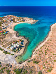 Aerial image of famous Stavros Zorbas beach, Crete Island, Greece, near Chania
