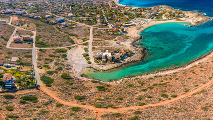 Aerial image of famous Stavros Zorbas beach, Crete Island, Greece, near Chania