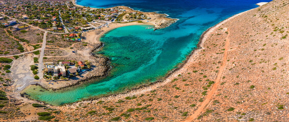 Aerial image of famous Stavros Zorbas beach, Crete Island, Greece, near Chania
