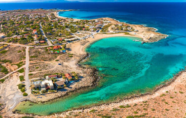 Aerial image of famous Stavros Zorbas beach, Crete Island, Greece, near Chania