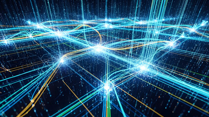 Digital Network: An intricate web of interconnected lines and nodes pulsates with the energy of a digital network. This dynamic scene represents data transmission and technological advancement.
