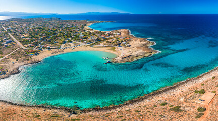 Aerial image of famous Stavros Zorbas beach, Crete Island, Greece, near Chania