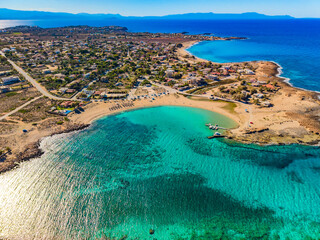 Aerial image of famous Stavros Zorbas beach, Crete Island, Greece, near Chania