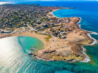 Aerial image of famous Stavros Zorbas beach, Crete Island, Greece, near Chania