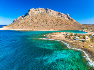 Aerial image of famous Stavros Zorbas beach, Crete Island, Greece, near Chania