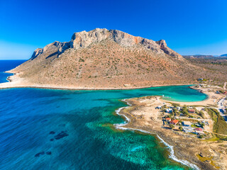Aerial image of famous Stavros Zorbas beach, Crete Island, Greece, near Chania