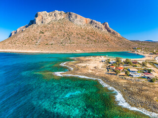 Aerial image of famous Stavros Zorbas beach, Crete Island, Greece, near Chania