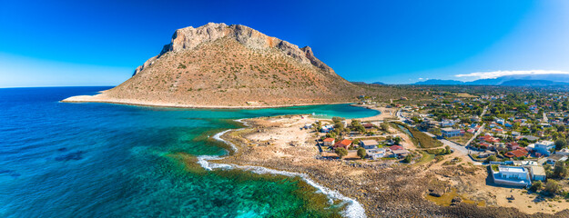 Aerial image of famous Stavros Zorbas beach, Crete Island, Greece, near Chania