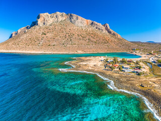 Aerial image of famous Stavros Zorbas beach, Crete Island, Greece, near Chania