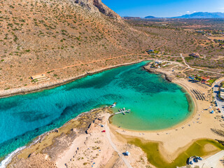 Aerial image of famous Stavros Zorbas beach, Crete Island, Greece, near Chania
