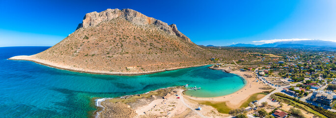 Aerial image of famous Stavros Zorbas beach, Crete Island, Greece, near Chania