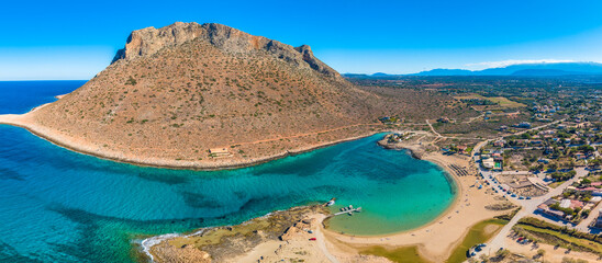 Aerial image of famous Stavros Zorbas beach, Crete Island, Greece, near Chania