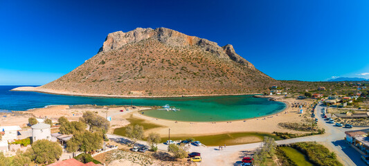 Aerial image of famous Stavros Zorbas beach, Crete Island, Greece, near Chania