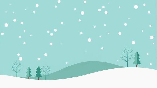 Loopable winter background animation featuring falling snowflakes over minimal rolling hills. Clean flat vector style with soft pastel colors, suitable for holiday videos,