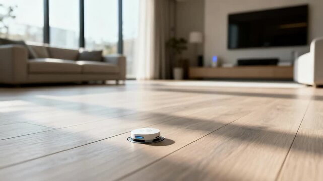 Medium shot of a modern living room floor embedded with discreet IoT sensors monitoring temperature and humidity for smart home climate control.
