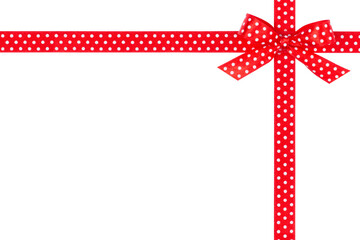 Red Bow Ribbon with White Dots Pattern Crossed in Corner Isolated on White and Png Transparent Background