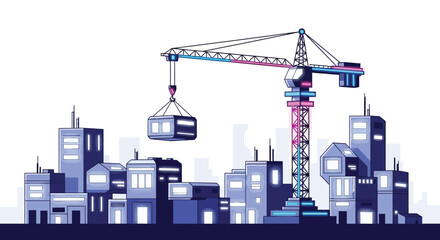 Obraz premium Construction crane lifting container over city buildings urban development concept 1.