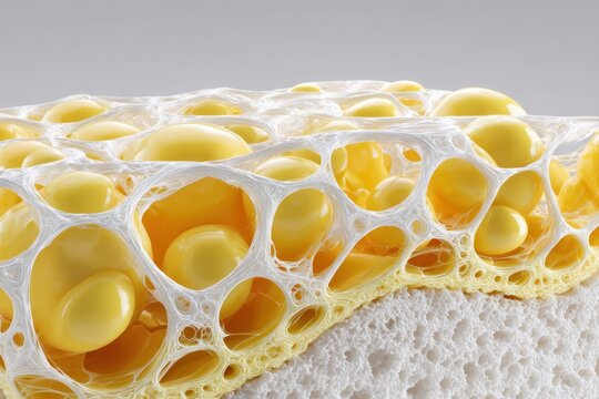 Macro 3D render of fat cells within a collagen network, representing the structure of cellulite or serving as an abstract medical background.
