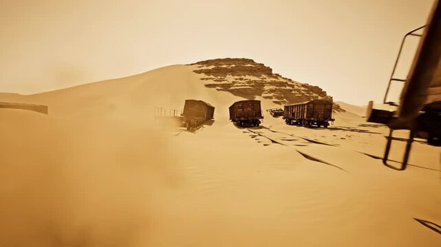 Post-apocalyptic train traversing sandy desert wasteland. Rusty rail cars on tracks amid blowing dust and dunes. Survival exploration in ruined world concept.