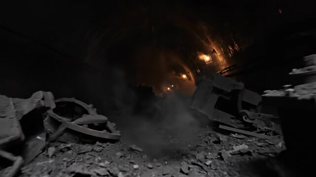 Abandoned underground tunnel filled with smoke and wreckage in post-apocalyptic world. Ruined industrial debris and dim emergency lights illuminate destruction aftermath.