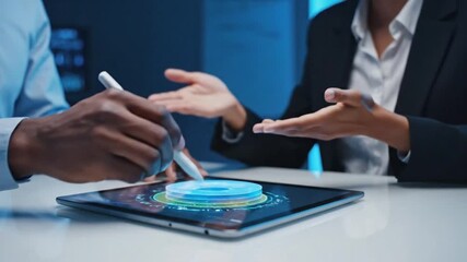 Dynamic team analyzing financial data on a tablet for smart business strategy, driving growth and insights with modern technology and collaboration - Powered by Adobe