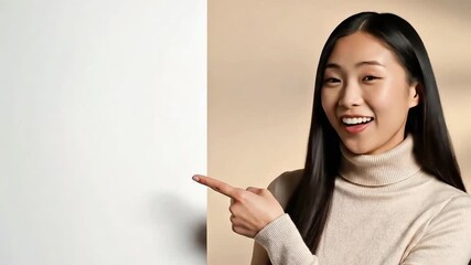 Smiling woman pointing at blank copyspace board in studio video. - Powered by Adobe