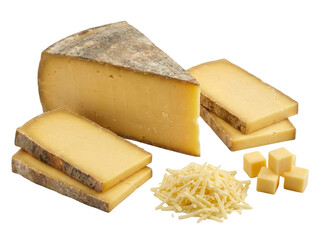 Grated and block hard Comt&eacute; cheese isolated on transparent background