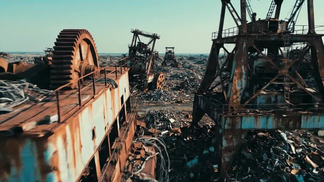 Rusted machinery scattered across post-apocalyptic wasteland. Abandoned excavators and industrial ruins in desolate scrapyard. Apocalyptic decay and survival landscape visualization
