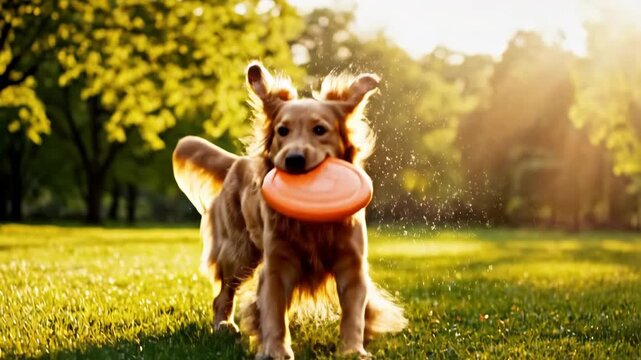 Golden retriever leaping to catch frisbee in sunny park. Dog playing fetch sequence outdoors. Active pet exercise and joyful play concept