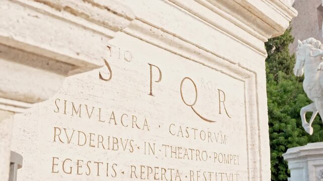 Ancient Marble SPQR Inscription on Capitoline Hill in Rome Close-Up View. Legacy of Roman Republic.