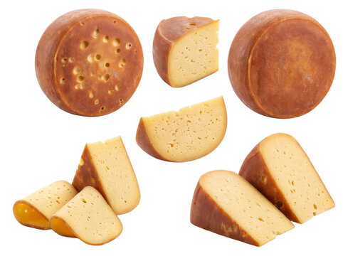 Smoked Tilsiter cheese wheel isolated on transparent background