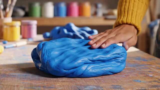 Woman flattening blue playdough on wooden table. Hands-on crafting process shaping slime into disc. Creative diy art activity in studio with colorful paint supplies.