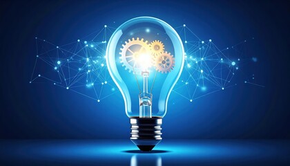 Glowing light bulb with golden gears inside on blue digital background, symbolizing innovation, creative idea, technology, startup concept and business inspiration.
