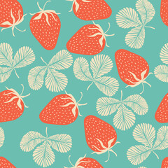 Seamless pattern with strawberry on color background. Natural delicious fresh ripe tasty fruit. Vector illustration for print, fabric, textile, banner, other design. Food concept.