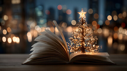 Creative holiday book tree with star decoration on blurred background