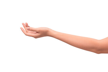 Close-up of a beautiful empty hand gesture isolated on a transparent PNG. High quality studio shot.
