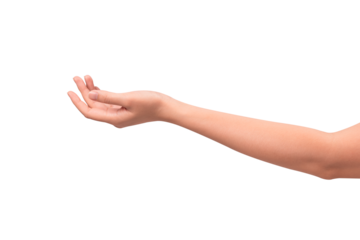 Close-up of a beautiful empty hand gesture isolated on a transparent PNG. High quality studio shot.
