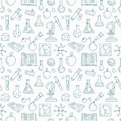 Seamless science education pattern background with chemistry biology physics and school supplies art 100