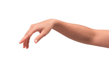 Close-up of a beautiful empty hand gesture isolated on a transparent PNG. High quality studio shot.
