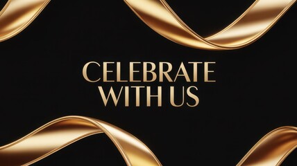 Golden ribbons on a black background with elegant serif text saying “Celebrate with us”, creating a luxurious and festive invitation concept for events, holidays or promotions