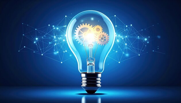 Glowing light bulb with golden gears inside on blue digital background, symbolizing innovation, creative idea, technology, startup concept and business inspiration.