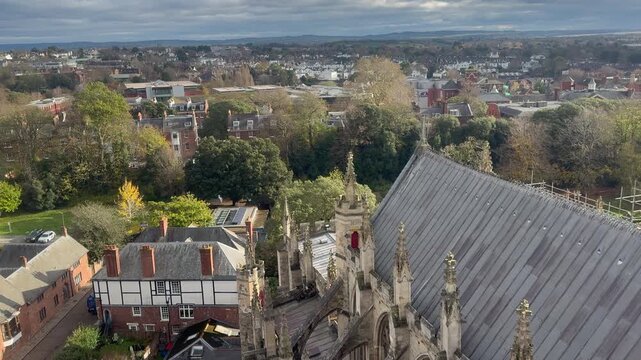 Aerial view from Exeter Cathedral of the main city in Devon with buildings and panoramic views England UK 4K