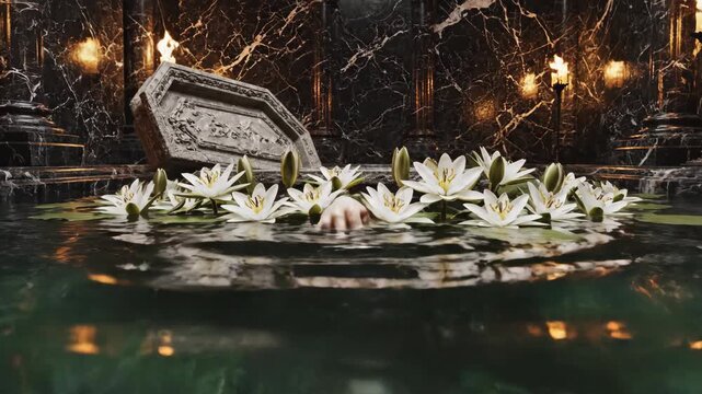 Ancient sarcophagus in torch-lit tomb surrounded by floating white lilies in green water. Hand emerges from depths suggesting mystical awakening in underground chamber.