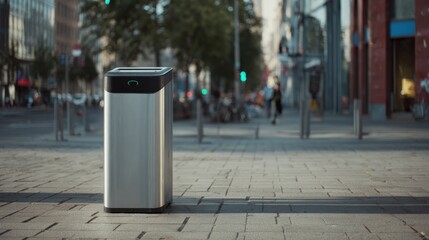 Medium shot of a smart bin sensor detecting waste levels highlighting urban IoT technology enhancing realtime trash monitoring for efficient city sanitation