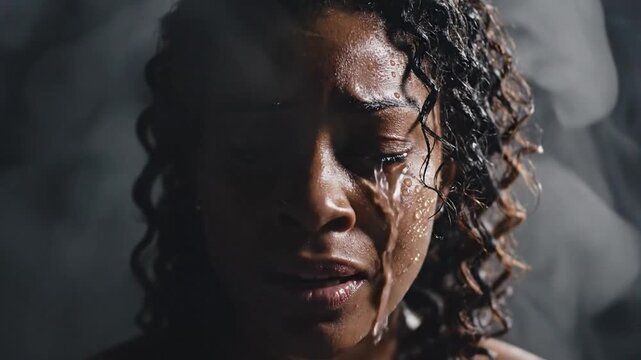 Emotional scene of a woman's face with tears and water droplets, expressive portrait with smoke, evoking sadness and vulnerability in intimate moment