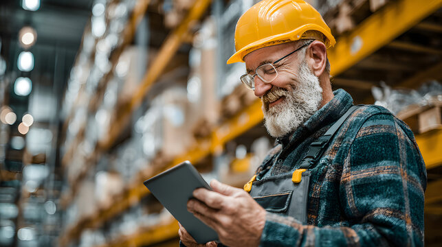 Smiling worker in a warehouse using a tablet during a busy day - Powered by Adobe