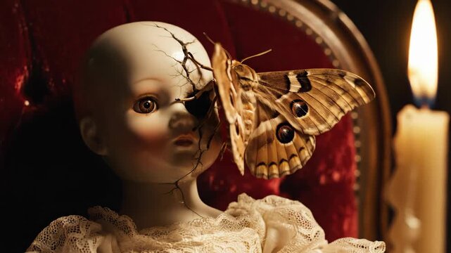 Porcelain doll with cracked face in red armchair as moth approaches and lands on eye. Eerie candlelit sequence of fragile encounter in dim light.