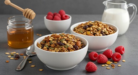 Two bowls of granola with raspberries honey and milk cereal breakfast