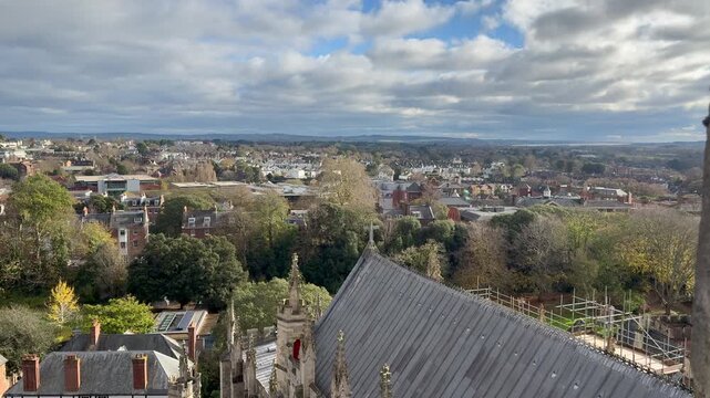 Aerial view from Exeter Cathedral of the main city in Devon with buildings and panoramic views England UK 4K
